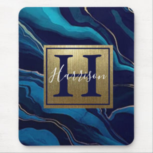 Navy Blue Agate Marble Gold Name and Monogram Mouse Mat
