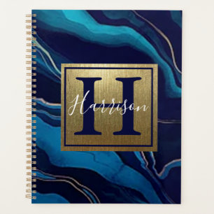 Navy Blue Agate Marble Gold Name and Monogram Planner