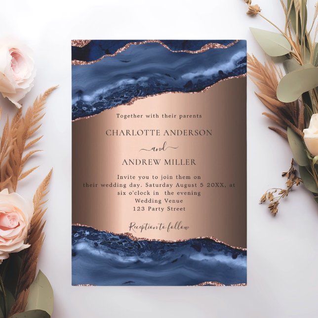 Navy blue agate marble rose gold evening wedding invitation (Creator Uploaded)