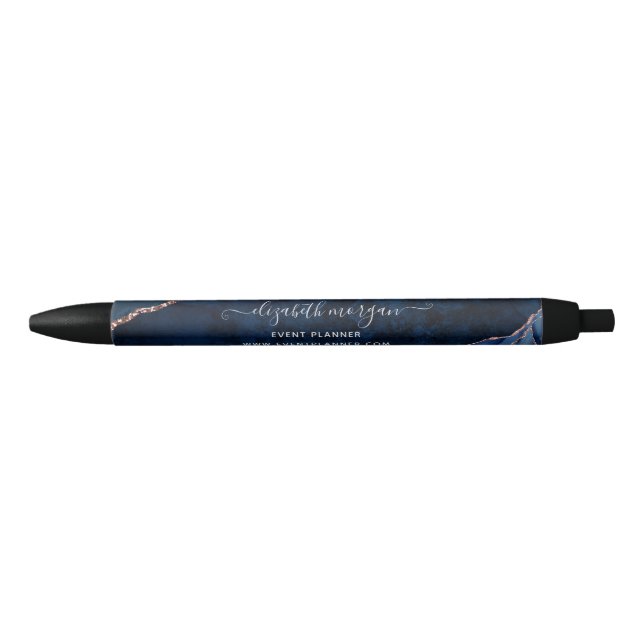 Navy Blue Agate Marble Rose Gold Glitter Script  Black Ink Pen (Front)