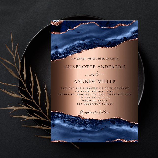 Navy blue agate marble rose gold luxury wedding invitation (Creator Uploaded)
