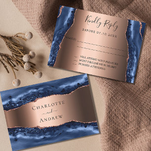 Navy blue agate marble rose gold wedding RSVP Card