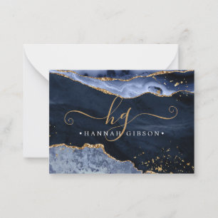 Navy Blue Agate Monogram Fancy Script Gold Glitter Card