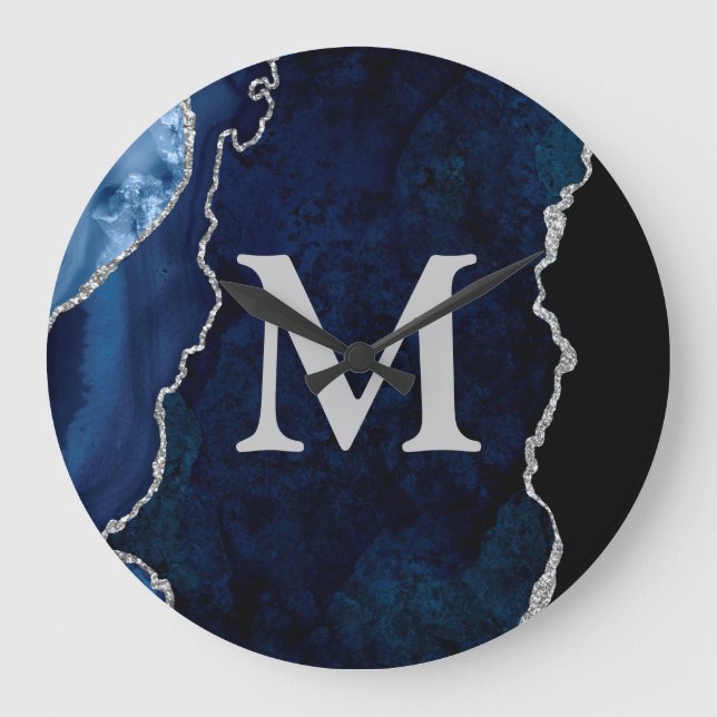 Navy Blue Agate Personalised Monogram Acrylic Large Clock (Front)