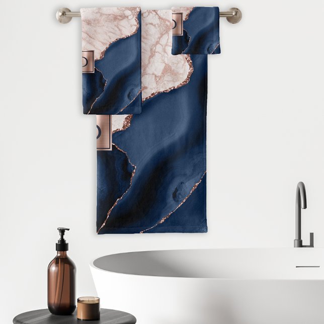 Navy Blue Agate Rose Gold Marble Monogram Bath Towel Set (Creator Uploaded)