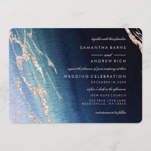 Navy Blue Agate & Rose Gold Wedding Invitations