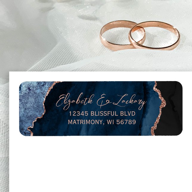 Navy Blue Agate Rose Gold Wedding Return Address (Creator Uploaded)