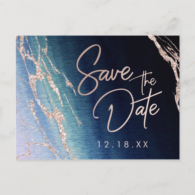 Navy Blue Agate Rose Gold Wedding Save the Date Announcement Postcard (Front)