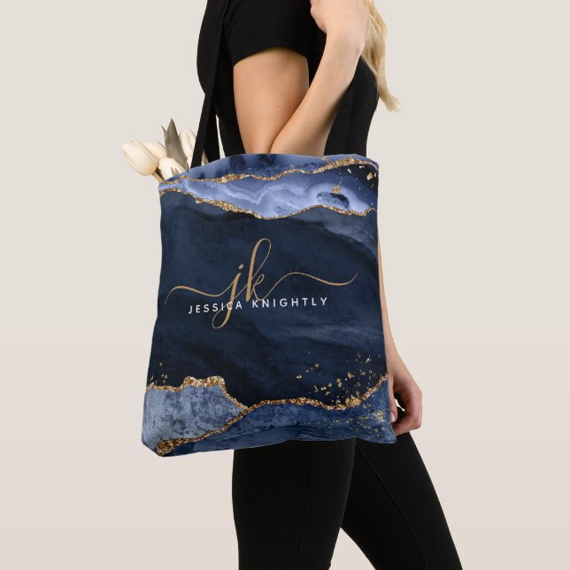 Navy Blue Agate Script Monogram Gold Glitter  Tote Bag (Close Up)