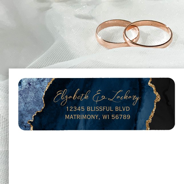 Navy Blue Agate Script Wedding Return Address (Creator Uploaded)