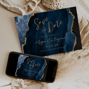 Navy Blue Agate Script Wedding Save the Date
