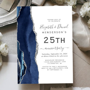 Navy Blue Agate Silver 25th Anniversary Invitation