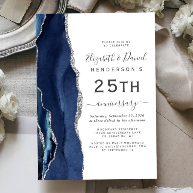 Navy Blue Agate Silver 25th Anniversary Invitation (Creator Uploaded)