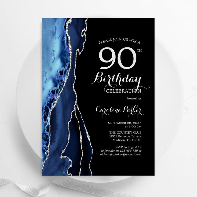 Navy Blue Agate Silver Black 90th Birthday Invitation (Creator Uploaded)