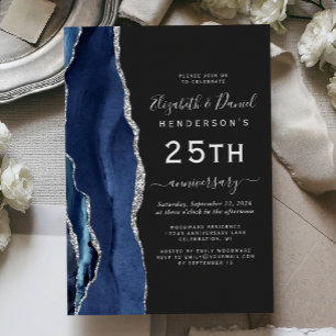 Navy Blue Agate Silver Dark 25th Anniversary Invitation