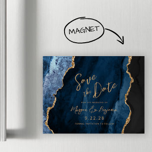 Navy Blue Agate Wedding Save the Date Magnetic Invitation
