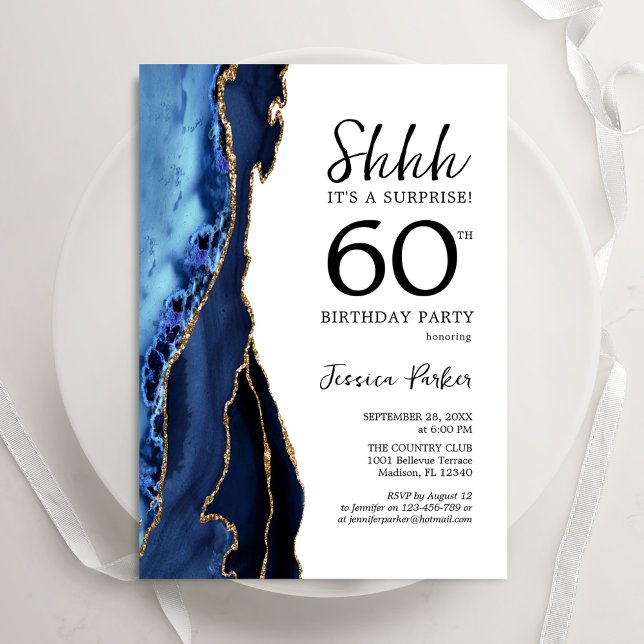 Navy Blue Agate White Gold Surprise 60th Birthday Invitation (Creator Uploaded)
