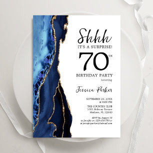Navy Blue Agate White Gold Surprise 70th Birthday Invitation