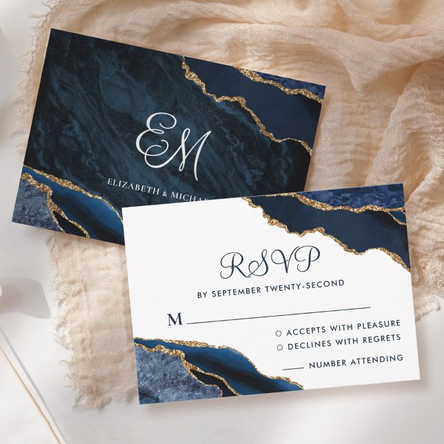 Navy Blue Agate White Monogram Wedding RSVP Card (Creator Uploaded)