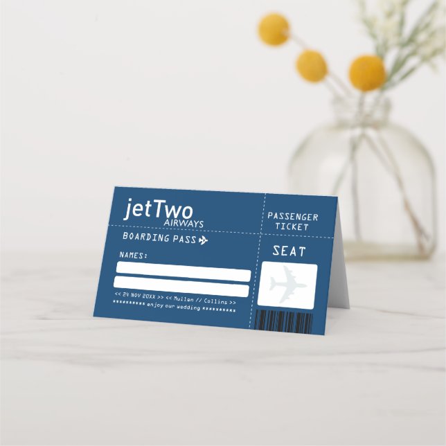 Navy Blue Airline Ticket Escort Place Card (Front)