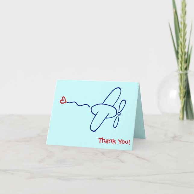 Navy Blue Airplane with Red Heart Thank You Note (Front)