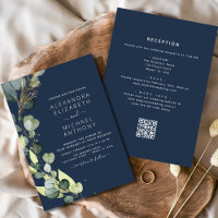 Navy Blue All in One Eucalyptus QR Code Wedding