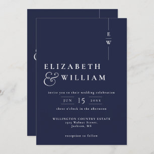 Navy Blue All In One Modern Monogram Wedding Invitation