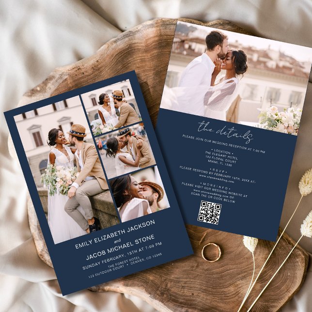 Navy Blue All In One QR Code Photo Wedding Invitation (Creator Uploaded)