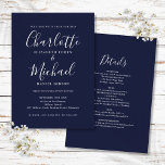 Navy Blue All In One Simple Script Wedding Invitation<br><div class="desc">Featuring signature style names,  this elegant navy blue and white wedding invitation can be personalised with all your special wedding day information on the reverse,  including your RSVP,  accommodation,  and additional details. Designed by Thisisnotme©</div>