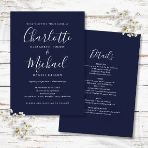 Navy Blue All In One Simple Script Wedding Invitation