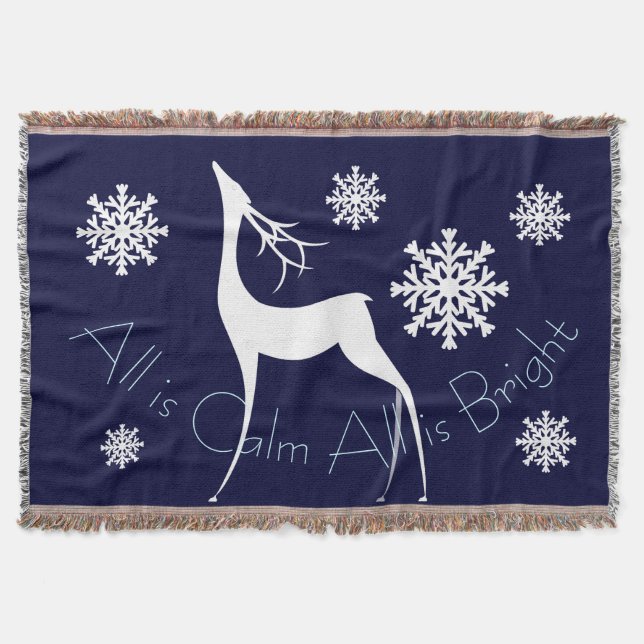 Navy Blue All is Calm All is Bright Deer Throw (Front)