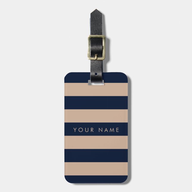 Navy Blue & Almond Striped Personalised Luggage Tag (Front Vertical)