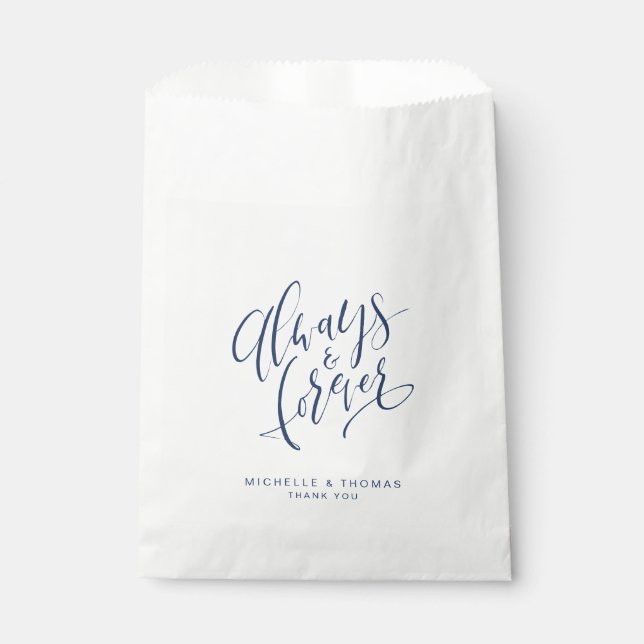 Navy Blue Always And Forever Script Wedding Favour Bags (Front)