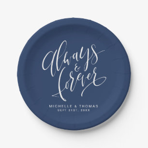 Navy Blue Always And Forever Script Wedding Paper Plate