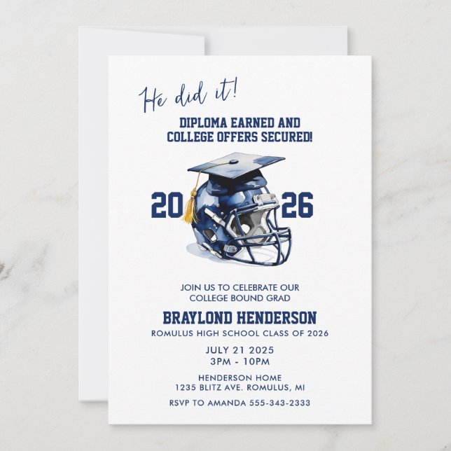 Navy Blue American Football Graduation Party Invitation (Front)