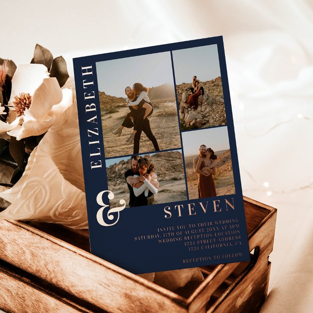 Navy blue ampersand 4 photo grid wedding (Navy blue ampersand 4 photo grid wedding foil invitation)