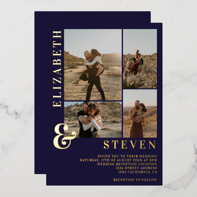 Navy blue ampersand 4 photo grid wedding gold (Front/Back)