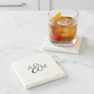 Navy Blue Ampersand Monogram Stone Coaster