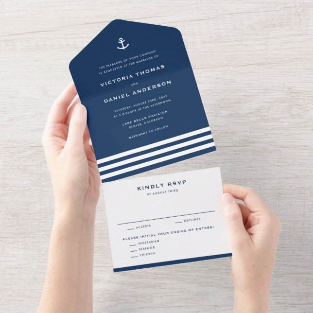 Navy Blue Anchor and Stripes Nautical Wedding All In One Invitation (Tearaway)