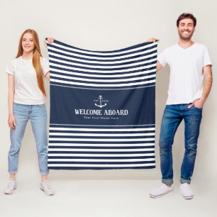 Navy Blue Anchor Boat Name Welcome Aboard Fleece Blanket