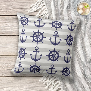 Navy Blue Anchor Boat Wheel Grey Stripe Nautical Cushion