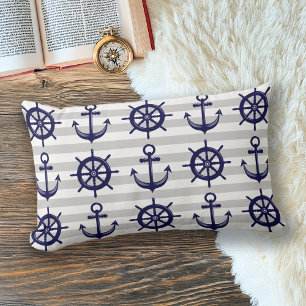 Navy Blue Anchor Boat Wheel Grey Stripe Nautical Lumbar Cushion