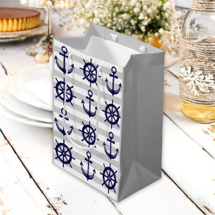 Navy Blue Anchor Boat Wheel Grey Stripe Nautical Medium Gift Bag