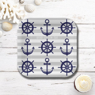 Navy Blue Anchor Boat Wheel Grey Striped Nautical Paper Plate