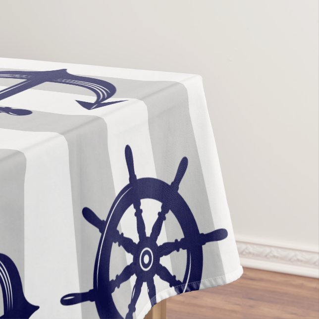 Navy Blue Anchor Boat Wheel Grey Striped Nautical Tablecloth (In Situ)