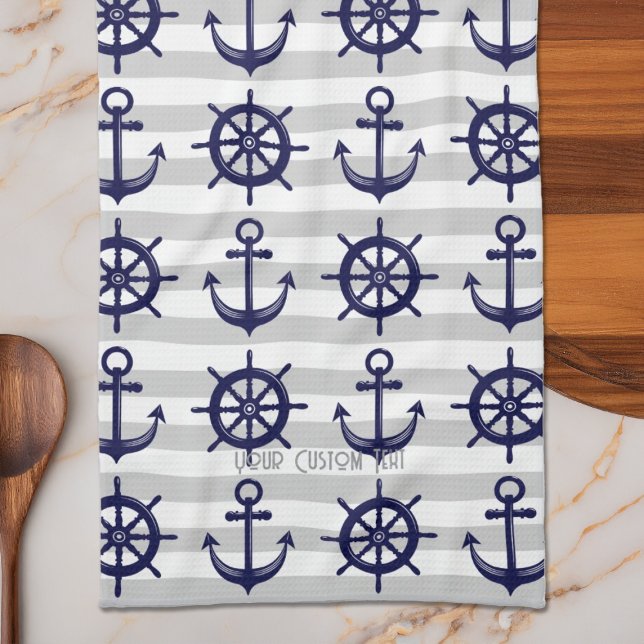 Navy Blue Anchor Boat Wheel Striped Nautical Tea Towel (Creator Uploaded)