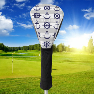 Navy Blue Anchor Boat Wheel White Striped Nautical Golf Head Cover