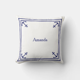 Navy Blue Anchor Border on White Cushion