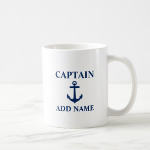 Navy Blue Anchor Captain Add Name or Boat Name Coffee Mug