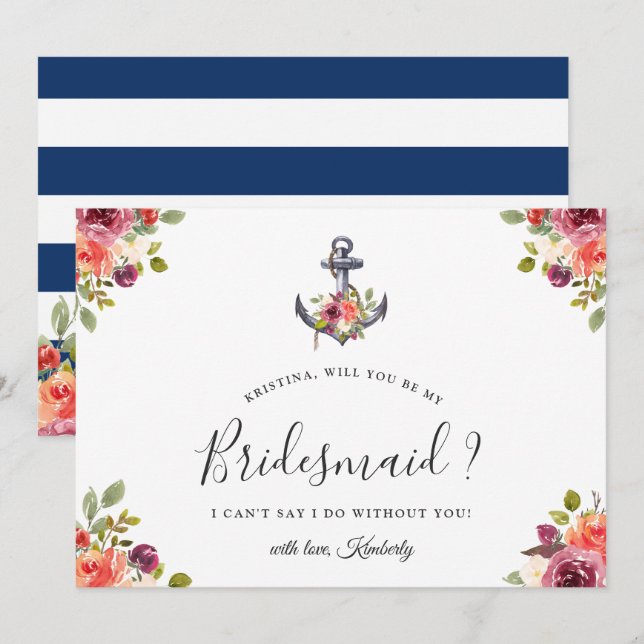 Navy Blue Anchor Floral Will You Be My Bridesmaid Invitation (Front/Back)